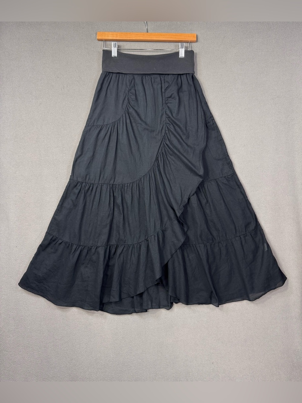 Y2K Vintage FANG Black Ruffle Skirt, Tiered Faux Wrap Maxi Skirt, Foldover Waist